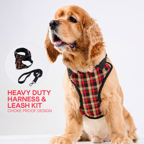 Heavy-duty harness kit for maximum comfort and zero choking- Red Plaid