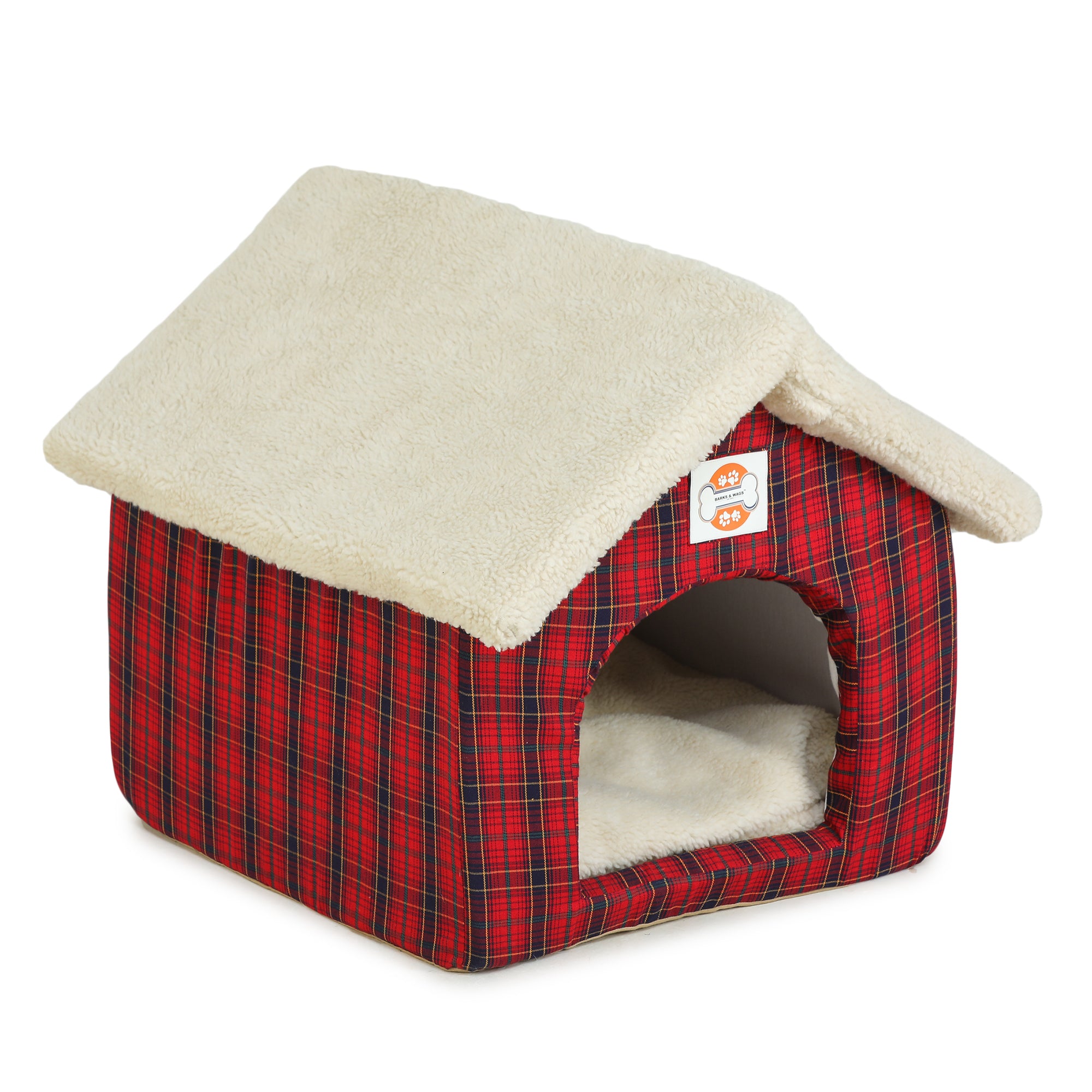 Dog Bed Red Cream Plaid Fur Hut Barks Wags