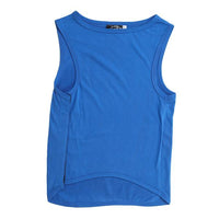 back side of blue-coloured sleeveless t-shirt for dogs