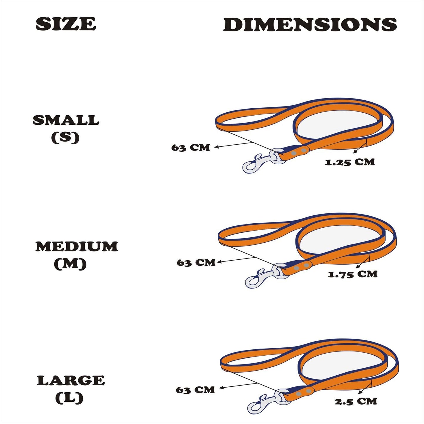 size chart of macramé twisted leash for dogs